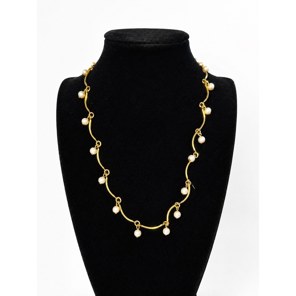 Vintage Avon Gold Tone Faux Pearl Dangle Necklace Wavy Link Chain Adjustable